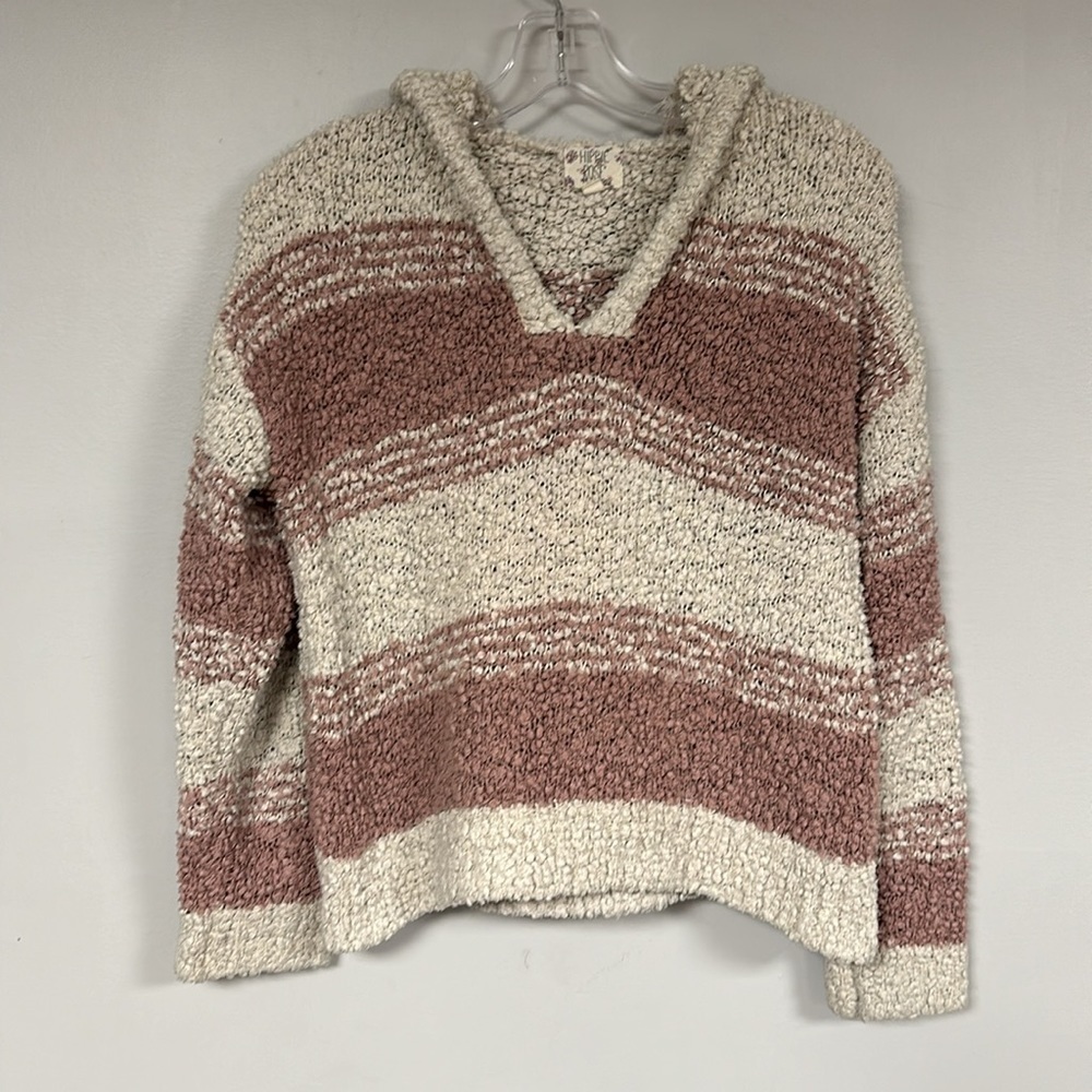 Hippie Rose • Dusty Rose / Oatmeal Sherpa V-neck Pullover Hooded Sweater, S
